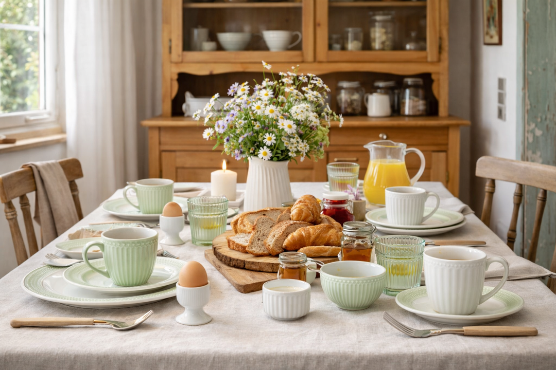 Hygge Frühstückstisch in einer Landhausküche gedeckt für vier Personen mit Greengate Alice Geschirr in Weiß und Hellgrün, Croissants, Brot, Marmelade und Blumen auf dem Tisch.