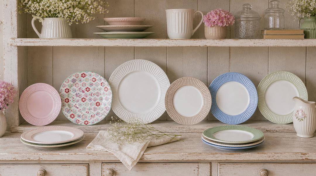 Skandinavische Teller im Landhausstil von GreenGate und IB Laursen dekorativ im Shabby Chic Regal arrangiert