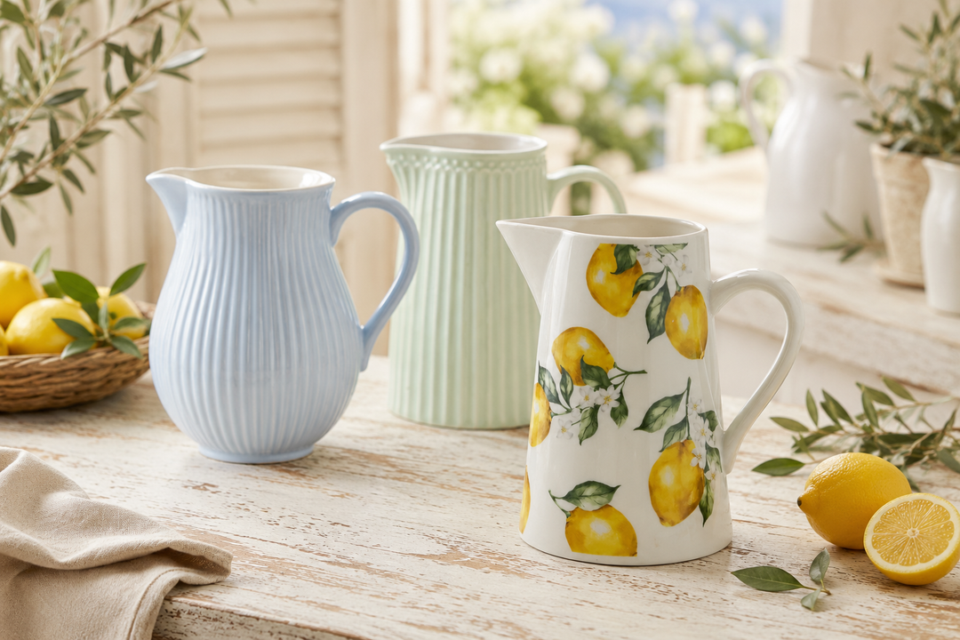 Kannen und Krüge im Landhausstil auf hellem Tisch mit Zitronen und skandinavischer Sommer Atmosphäre