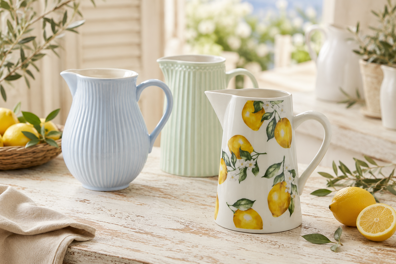 Kannen und Krüge im Landhausstil auf hellem Tisch mit Zitronen und skandinavischer Sommer Atmosphäre