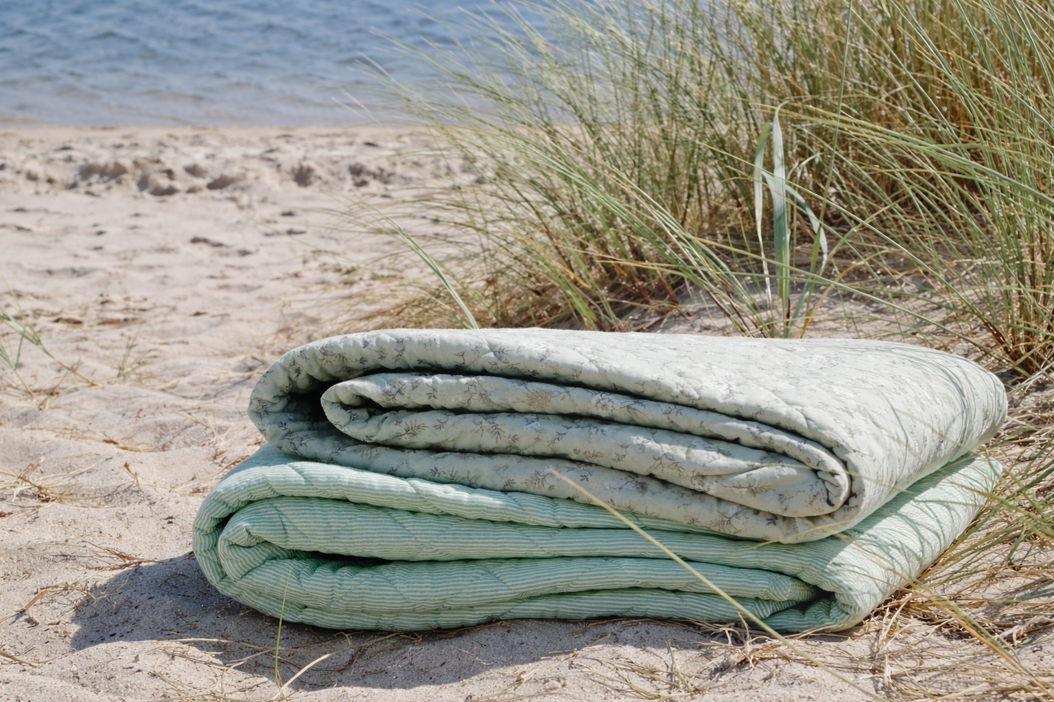Chic Antique Aix Quilt am Strand skandinavischer Landhausstil grüne Tagesdecke Baumwolle