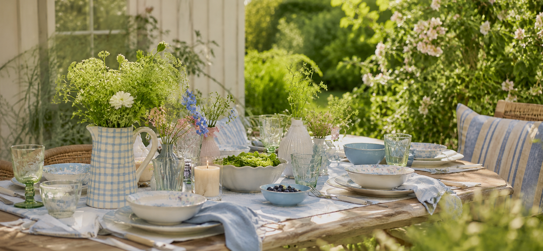 Skandinavisch gedeckter Gartentisch mit Blumen, Geschirr und hellen Blau- und Grüntönen als Frühlings- und Sommerdekoration für die Saison Kollektion von HYGGE HYGGE
