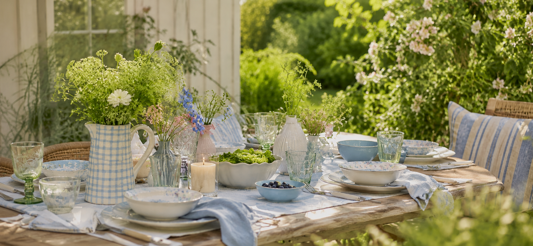Skandinavisch gedeckter Gartentisch mit Blumen, Geschirr und hellen Blau- und Grüntönen als Frühlings- und Sommerdekoration für die Saison Kollektion von HYGGE HYGGE