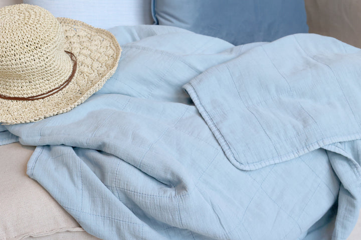 Detailaufnahme Chic Antique Quilt Sky Blue mit feiner Steppstruktur