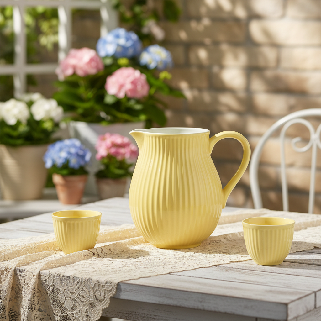 Ib Laursen Mynte Lemonade Kanne 2L auf sommerlichem Gartentisch mit passenden Bechern