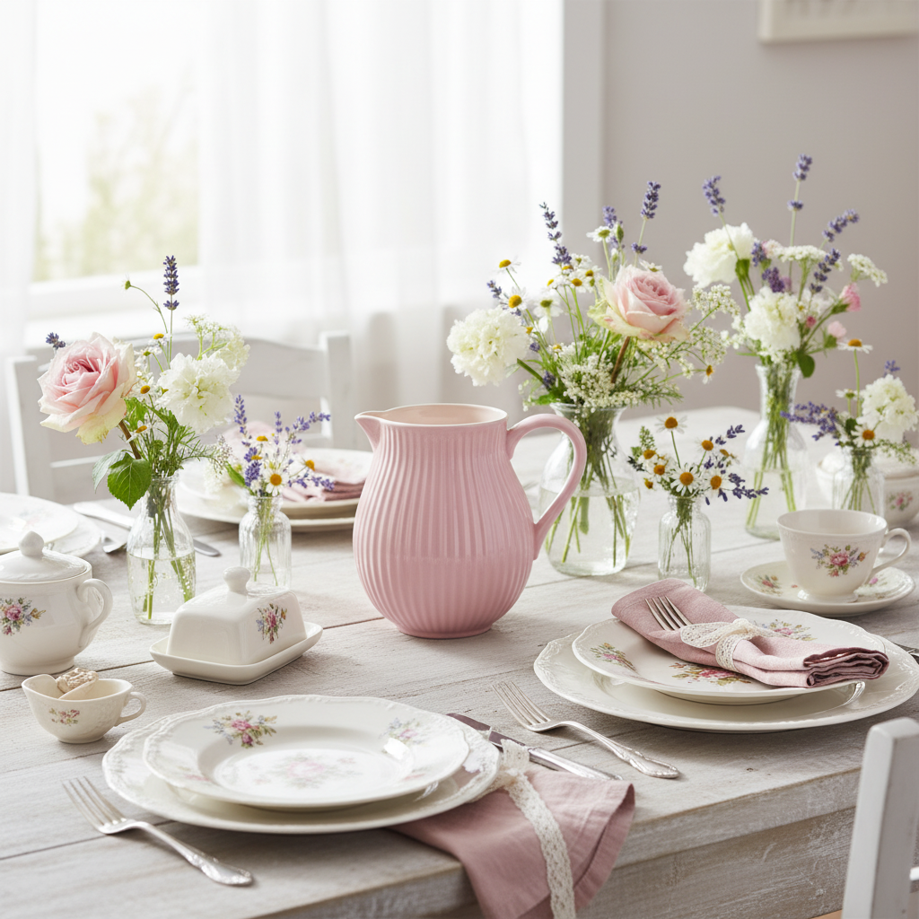 Ib Laursen Mynte Kanne English Rose 2L auf hell gedecktem Tisch mit Blumen und Vintage-Geschirr