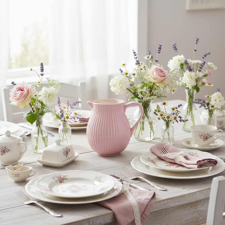 Ib Laursen Mynte Kanne English Rose 2L auf hell gedecktem Tisch mit Blumen und Vintage-Geschirr