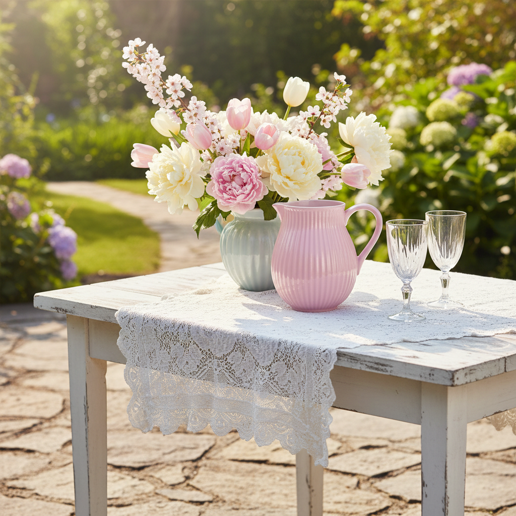 Ib Laursen Mynte English Rose Kanne 2 Liter aus rosa Steingut auf Gartentisch mit Blumenstrauß im Landhausstil
