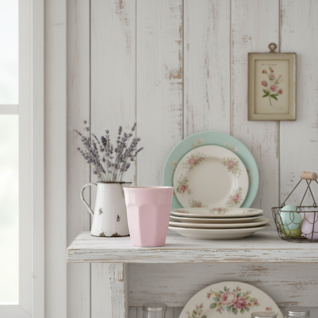 IB Laursen Mynte Café Latte Becher English Rose Rosa auf Vintage-Holzregal