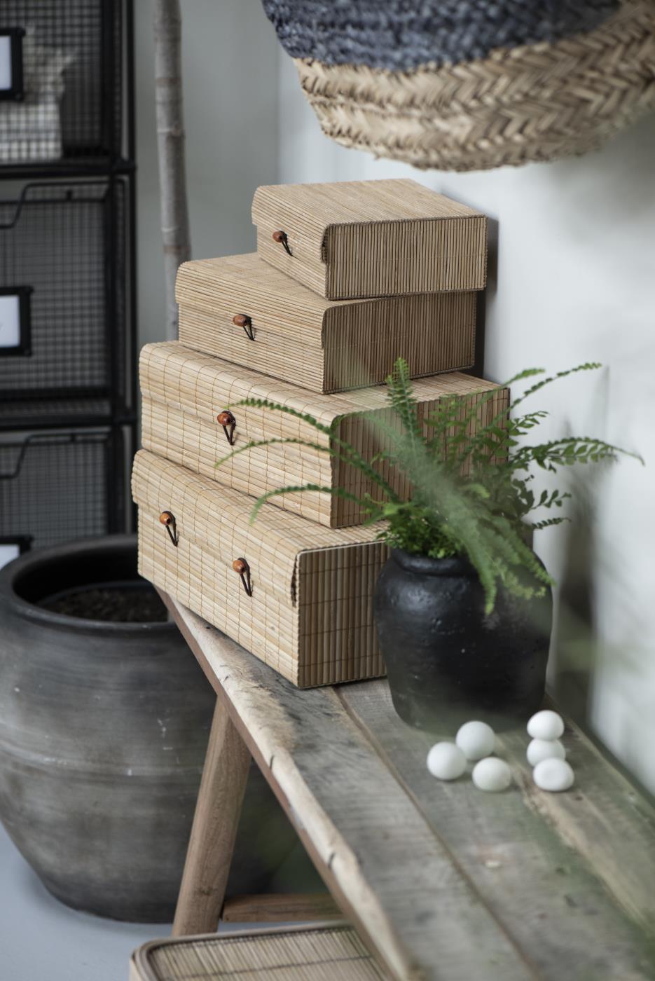 Ib Laursen UNIKA Bank Natur mit dekorativen Boxen und Farn im skandinavischen Wohnstil