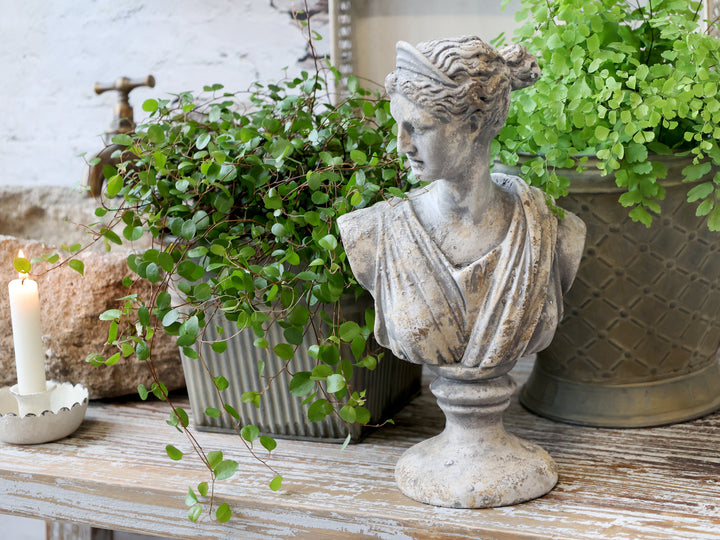 Chic Antique Frauenbüste Vintage Skulptur mit Pflanzen dekoriert auf Holzkonsole