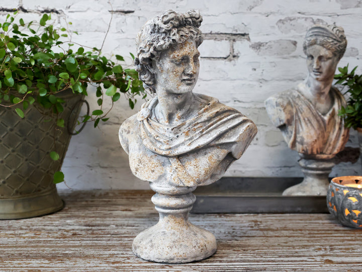 Chic Antique Männerbüste dekorativ im Landhausstil auf Holzkonsole mit Pflanzen