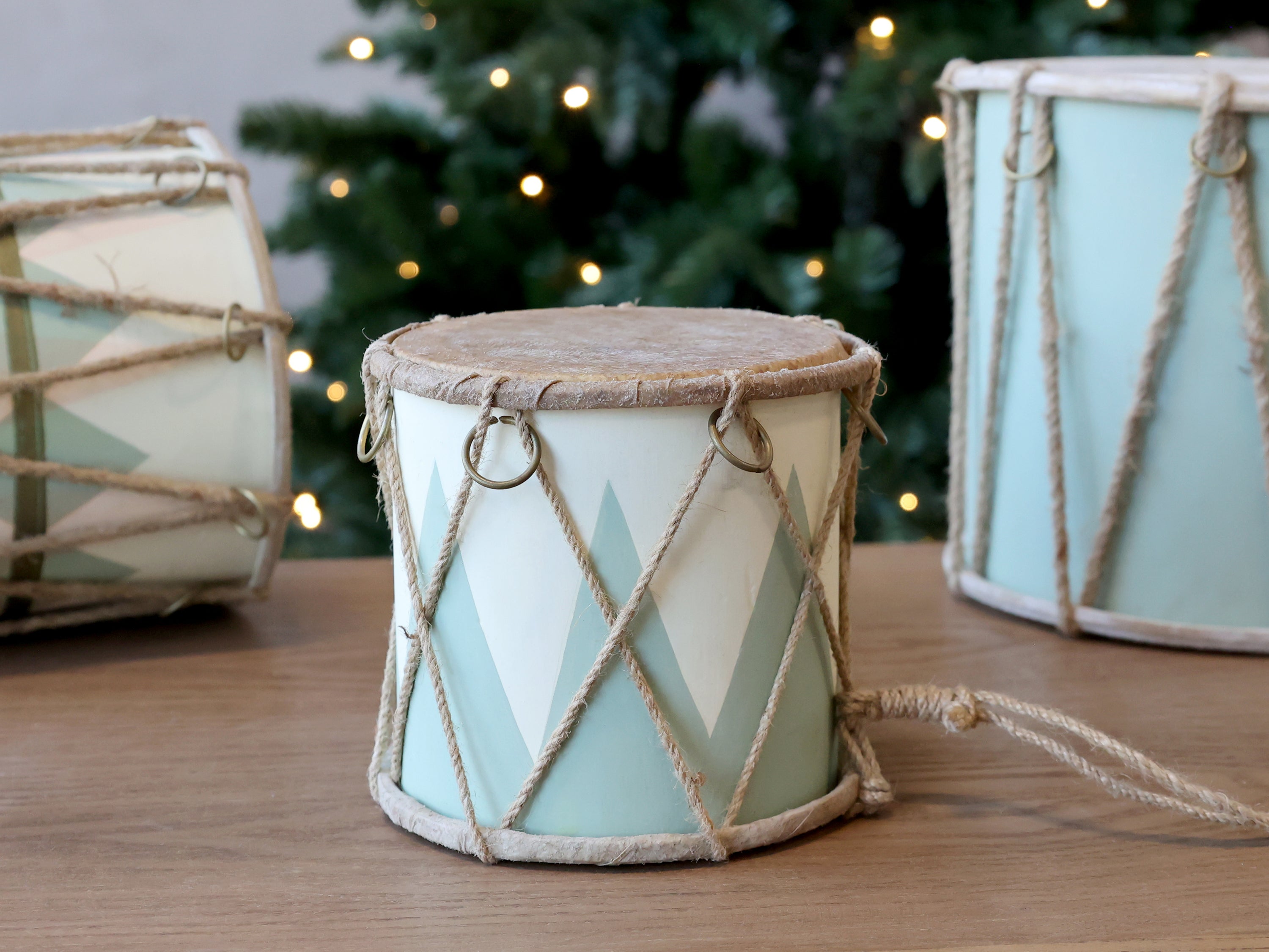 Chic Antique Vintage Trommel Grün Creme handgefertigte Dekotrommel aus Mangoholz