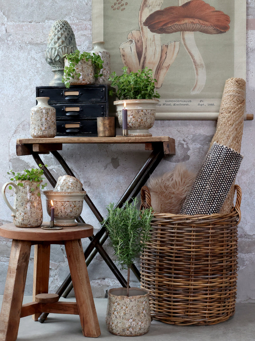 Chic Antique Evry Keramik Blumentöpfe mit Blumenmotiv im Shabby Chic Landhausstil arrangiert