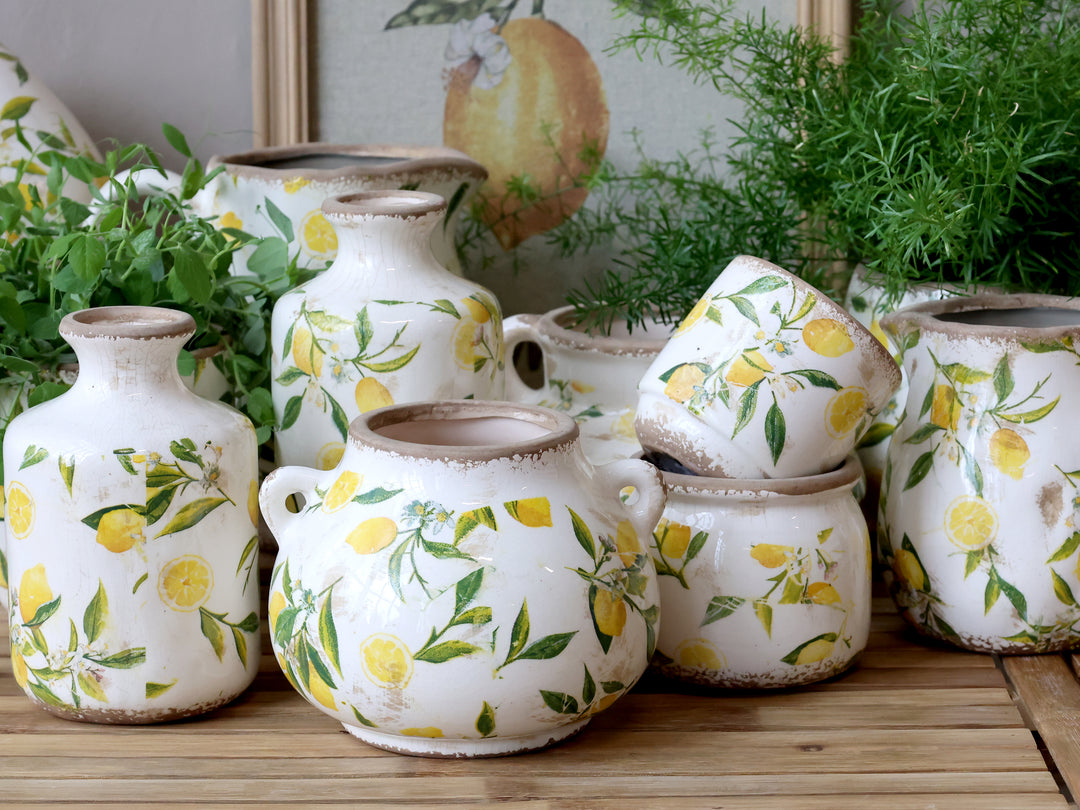 Chic Antique Keramikserie mit Zitronenmotiv im mediterranen Landhausstil mit Kanne, Vase und Töpfen