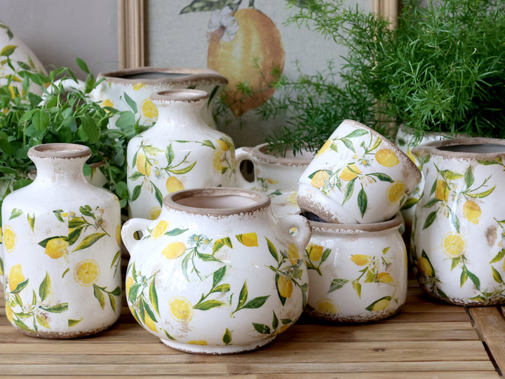 Chic Antique Keramikserie mit Zitronenmotiv im mediterranen Landhausstil mit Kanne, Vase und Töpfen