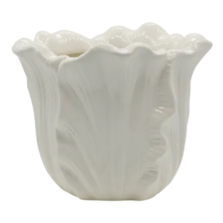 Chic Antique Fayence Blumentopf mit Blättermotiv in Creme im Landhausstil