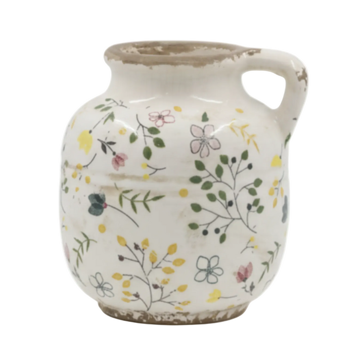 Chic Antique Cavaillon Keramik Vase mit Blumenmotiv in Creme im Shabby Chic Stil