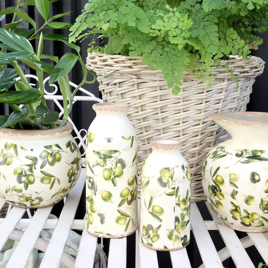 Chic Antique Flasche mit Olivenmuster Keramik Vase im Shabby Chic Landhausstil