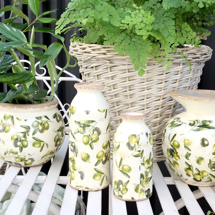 Chic Antique Flasche mit Olivenmuster Keramik Vase im Shabby Chic Landhausstil
