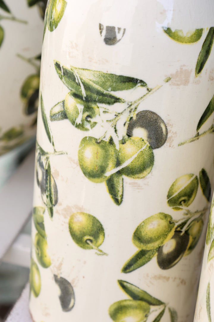 Chic Antique Keramikflasche mit Olivenzweig Motiv im mediterranen Landhausstil