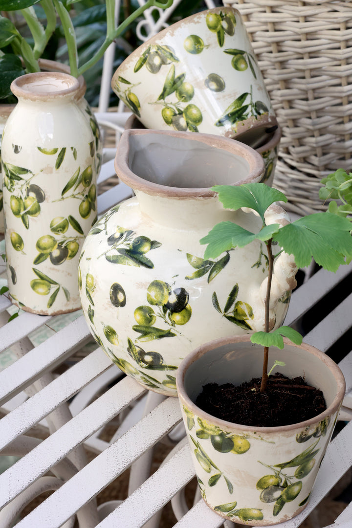 Chic Antique Vase mit Olivenmotiv Keramik im Vintage Landhausstil