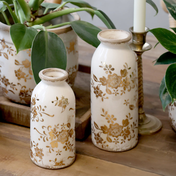 Chic Antique Anniversary Melun Vase Keramik Antique Messing mit floralem Muster Vintage Landhausstil