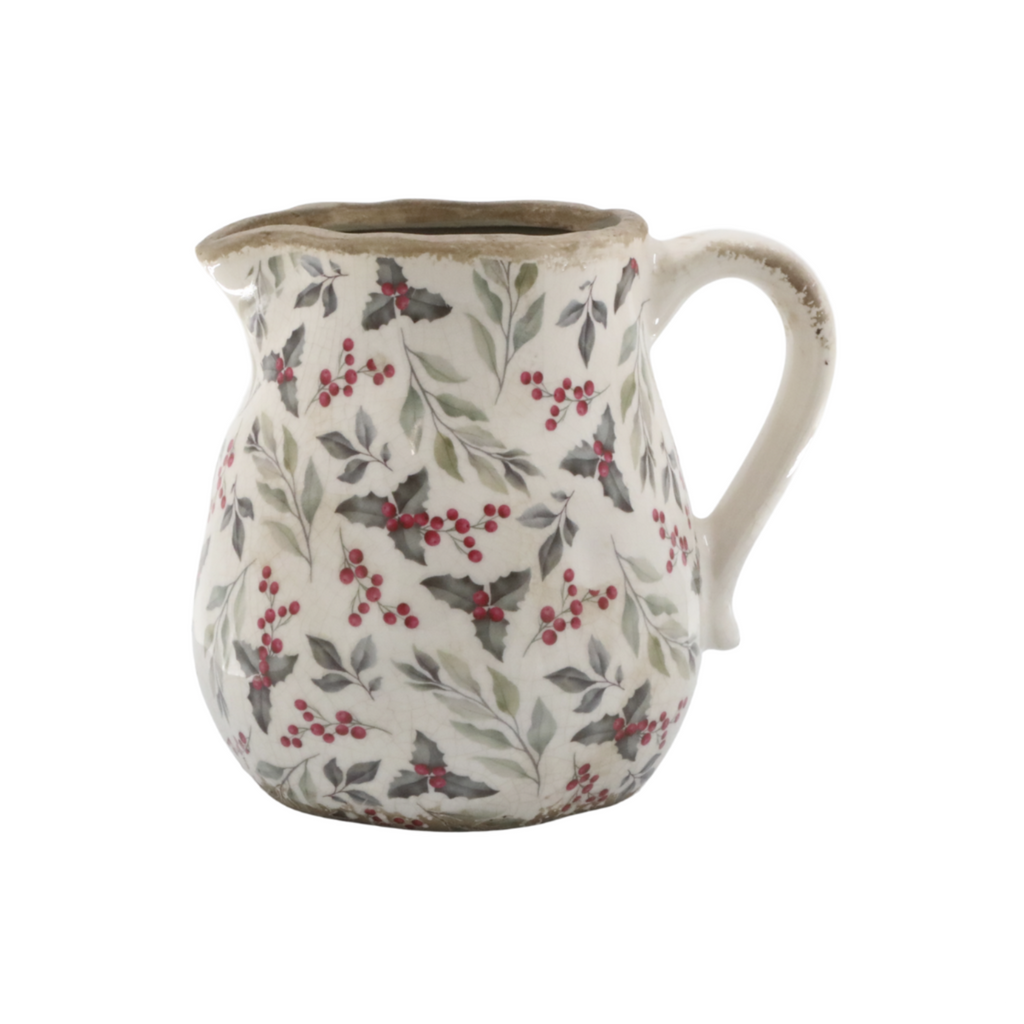 Chic Antique Kanne mit Blätter und Beeren Motiv aus Keramik in Creme im Landhausstil
