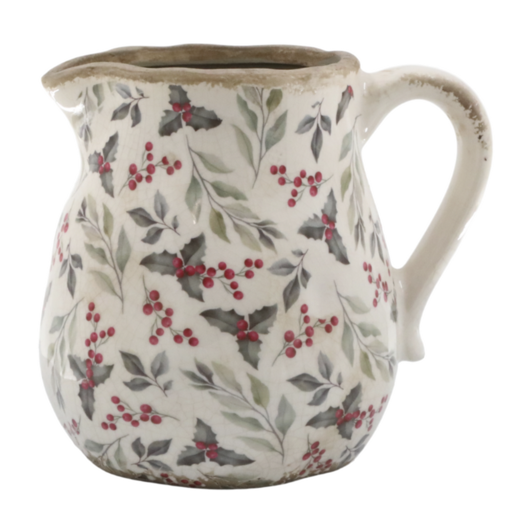 Chic Antique Kanne mit Blätter und Beeren Motiv aus Keramik in Creme im Landhausstil