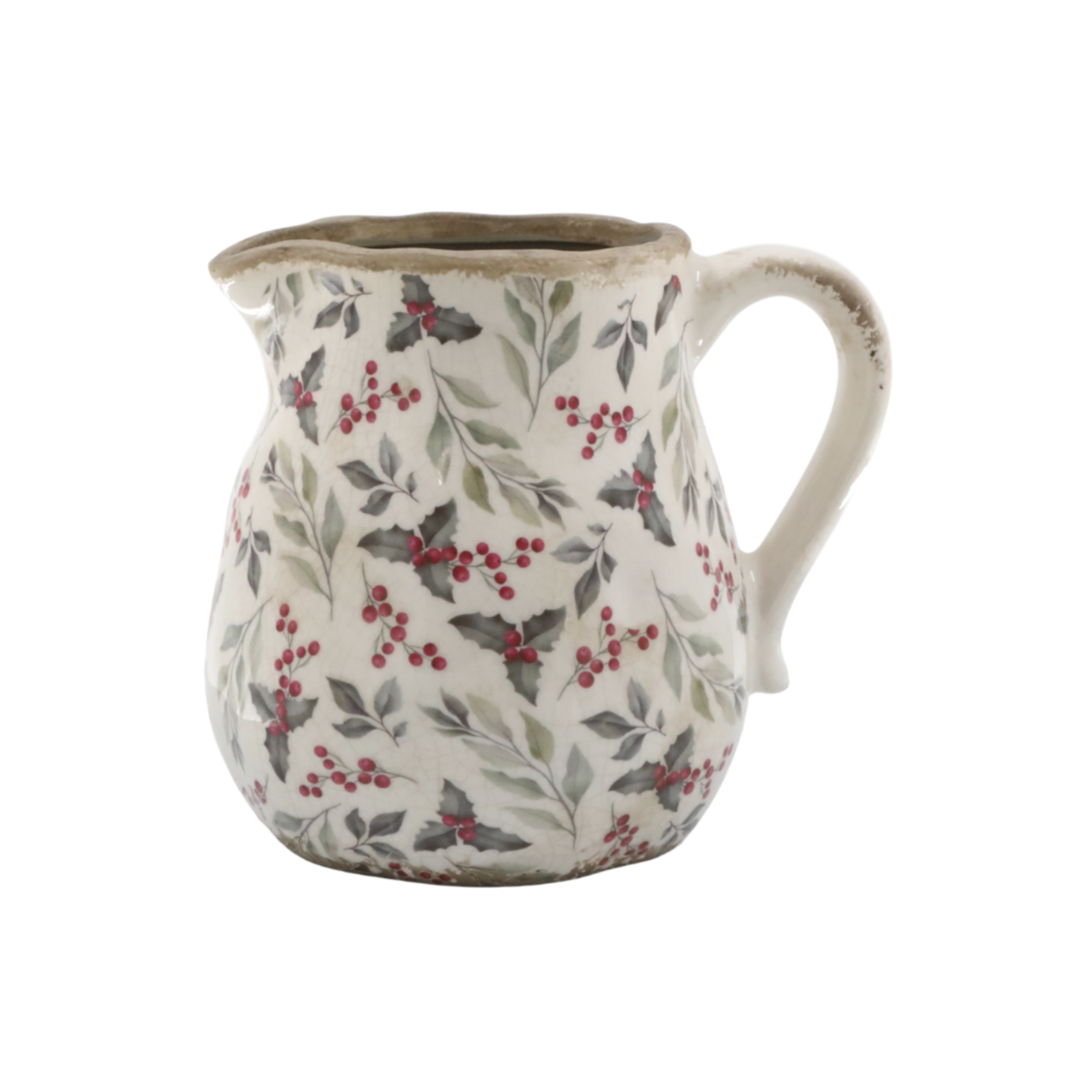Chic Antique Kanne mit Blätter und Beeren Motiv aus Keramik in Creme im Landhausstil