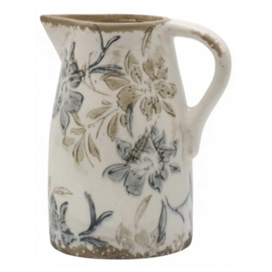 Chic Antique Croix Kanne aus Keramik in Creme mit floralem Blumenmuster