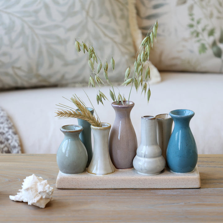 Chic Antique kleine Vasen auf Tablett Steingut dekoriert mit Getreide im Hygge Wohnstil