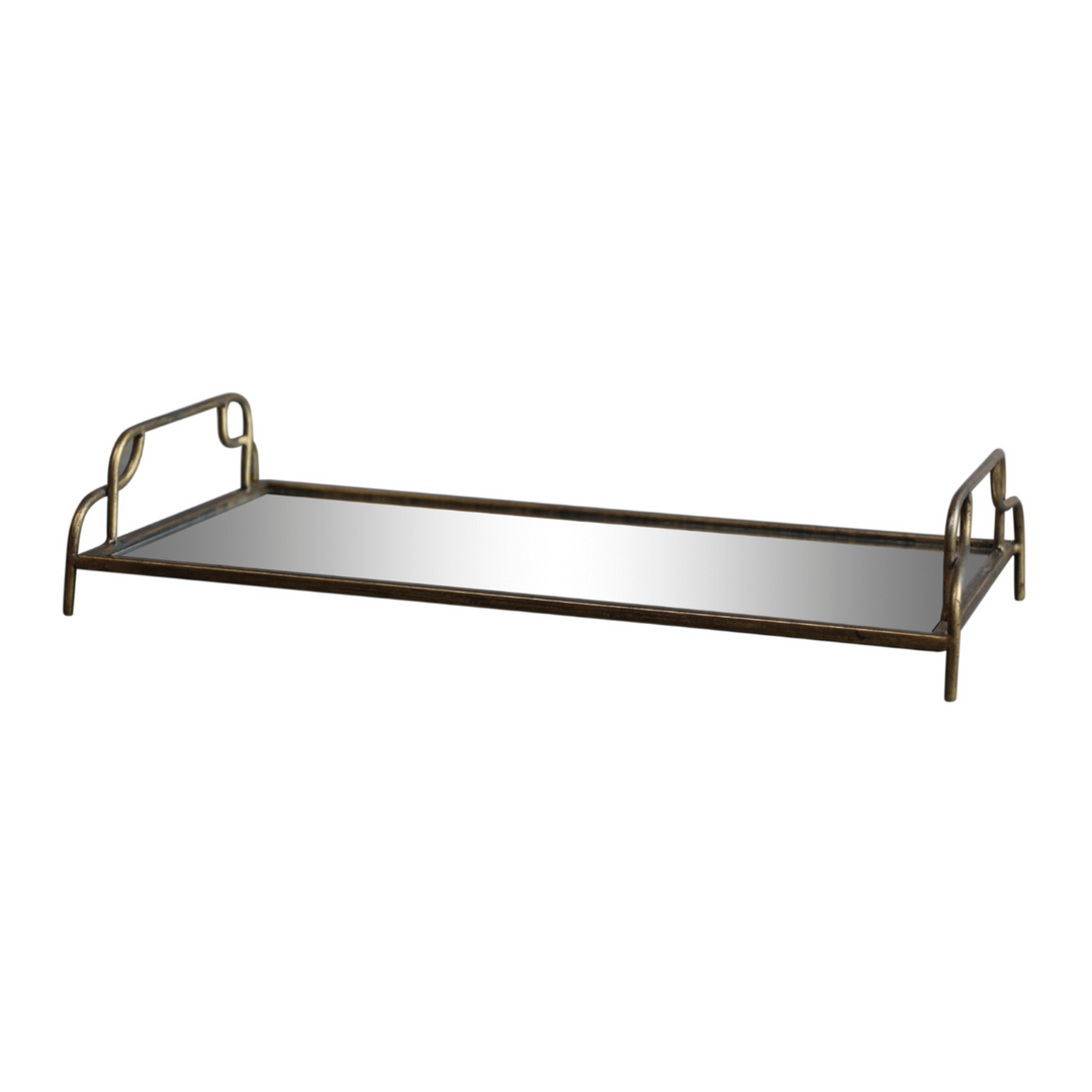 Chic Antique Spiegeltablett mit Henkel in Antique Messing aus Eisen und Glas