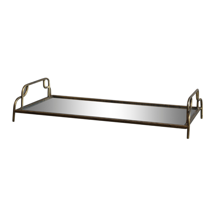 Chic Antique Spiegeltablett mit Henkel in Antique Messing aus Eisen und Glas