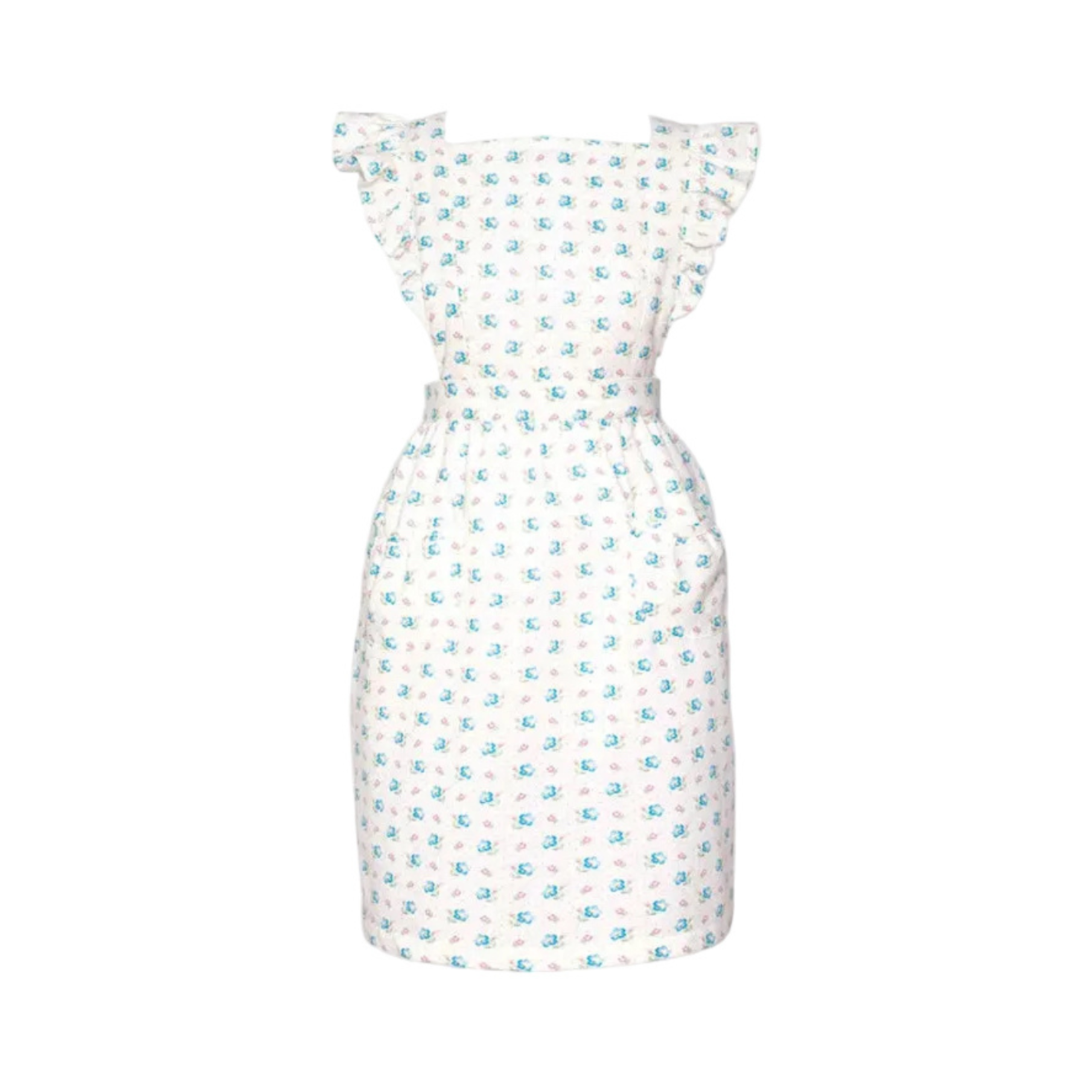 GreenGate Schürze Frill Strap Rosalia Weiß mit blauem Blumenmuster und Rüschen an den Schulterträgern aus Baumwolle im skandinavischen Landhausstil