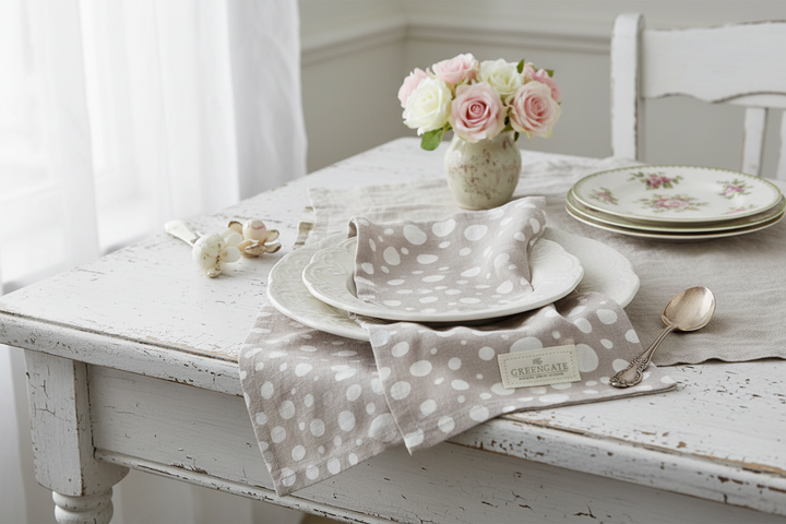 GreenGate Stoffserviette Neva beige mit weißen Punkten auf gedecktem Tisch im skandinavischen Landhausstil