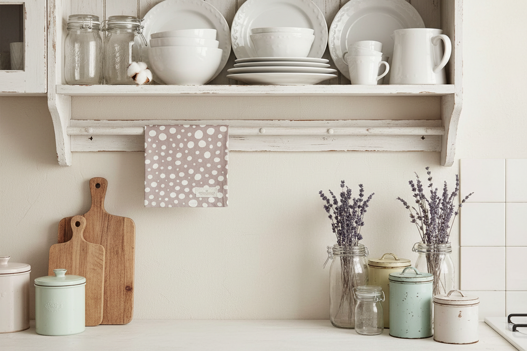 GreenGate Stoffserviette Neva beige mit weißem Punktmuster in skandinavischer Landhausküche dekoriert