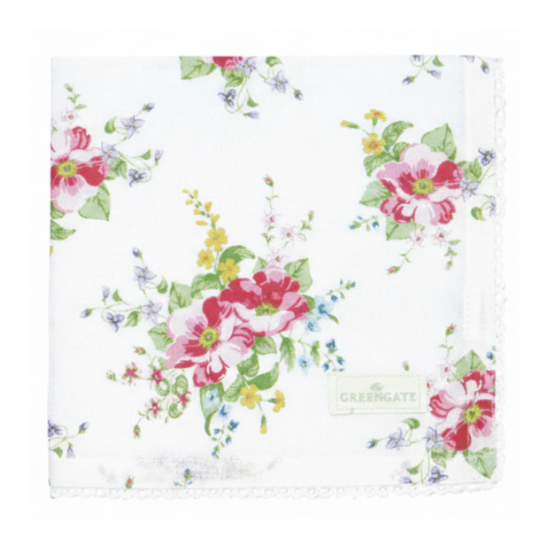 GreenGate Stoffserviette Ailia weiß mit floralem Muster und Spitze im skandinavischen Landhausstil