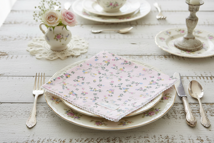 GreenGate Stoffserviette Leona hellrosa mit Blumenmuster und Spitze auf Teller im skandinavischen Landhausstil