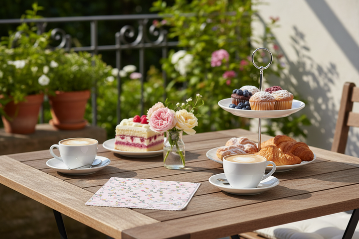 GreenGate Stoffserviette Leona hellrosa mit floralem Muster auf gedecktem Tisch beim Kaffee im Garten