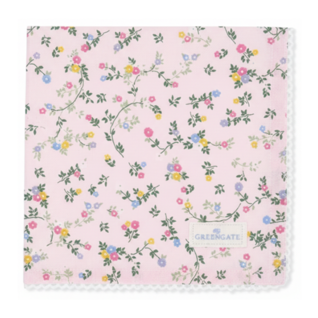 GreenGate Stoffserviette Leona hellrosa mit floralem Muster und Spitze im skandinavischen Landhausstil