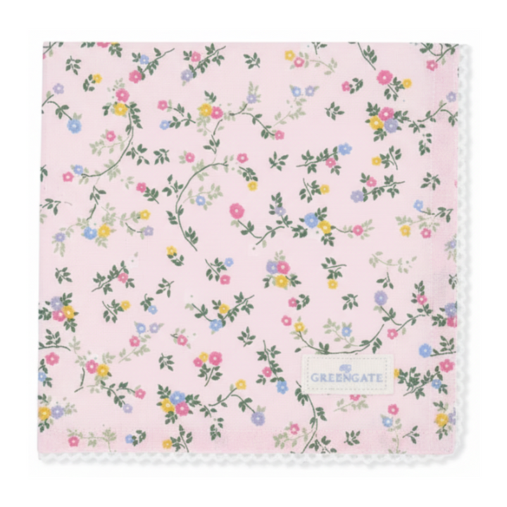 GreenGate Stoffserviette Leona hellrosa mit floralem Muster und Spitze im skandinavischen Landhausstil