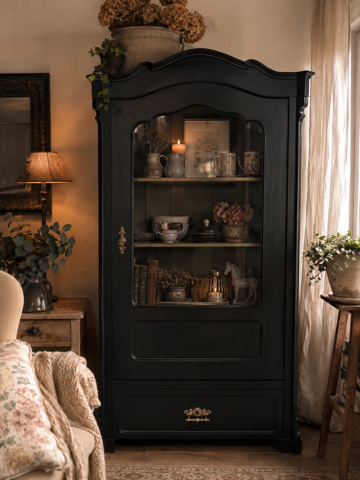 Antike Vitrine Louis Philippe Schwarz Shabby Chic