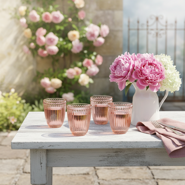 GreenGate Wasserglas Alice Hellrosa im 4er Arrangement auf Gartentisch mit Pfingstrosen im Landhausstil