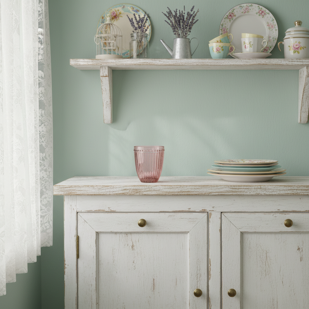 GreenGate Wasserglas Alice Hellrosa aus Glas auf weißem Landhaus Sideboard im skandinavischen Wohnstil