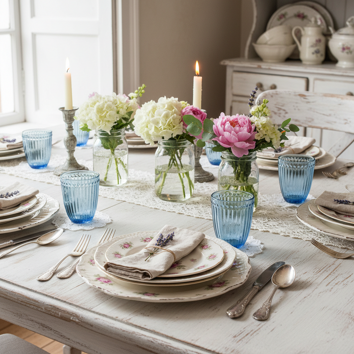 GreenGate Wasserglas Alice Blau auf romantisch gedecktem Tisch im skandinavischen Landhausstil