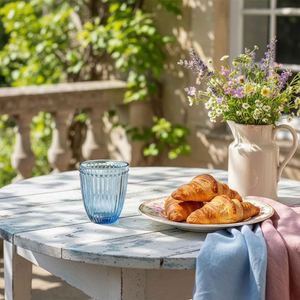 GreenGate Wasserglas Alice Blau auf Gartentisch mit Croissants im skandinavischen Sommerstil