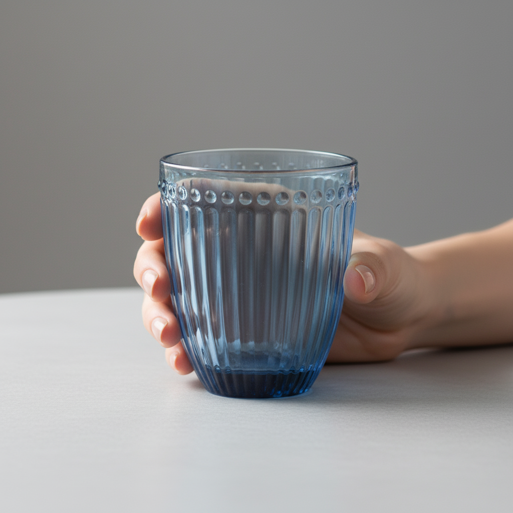 GreenGate Wasserglas Alice Blau in der Hand gehalten mit geriffelter Glasstruktur