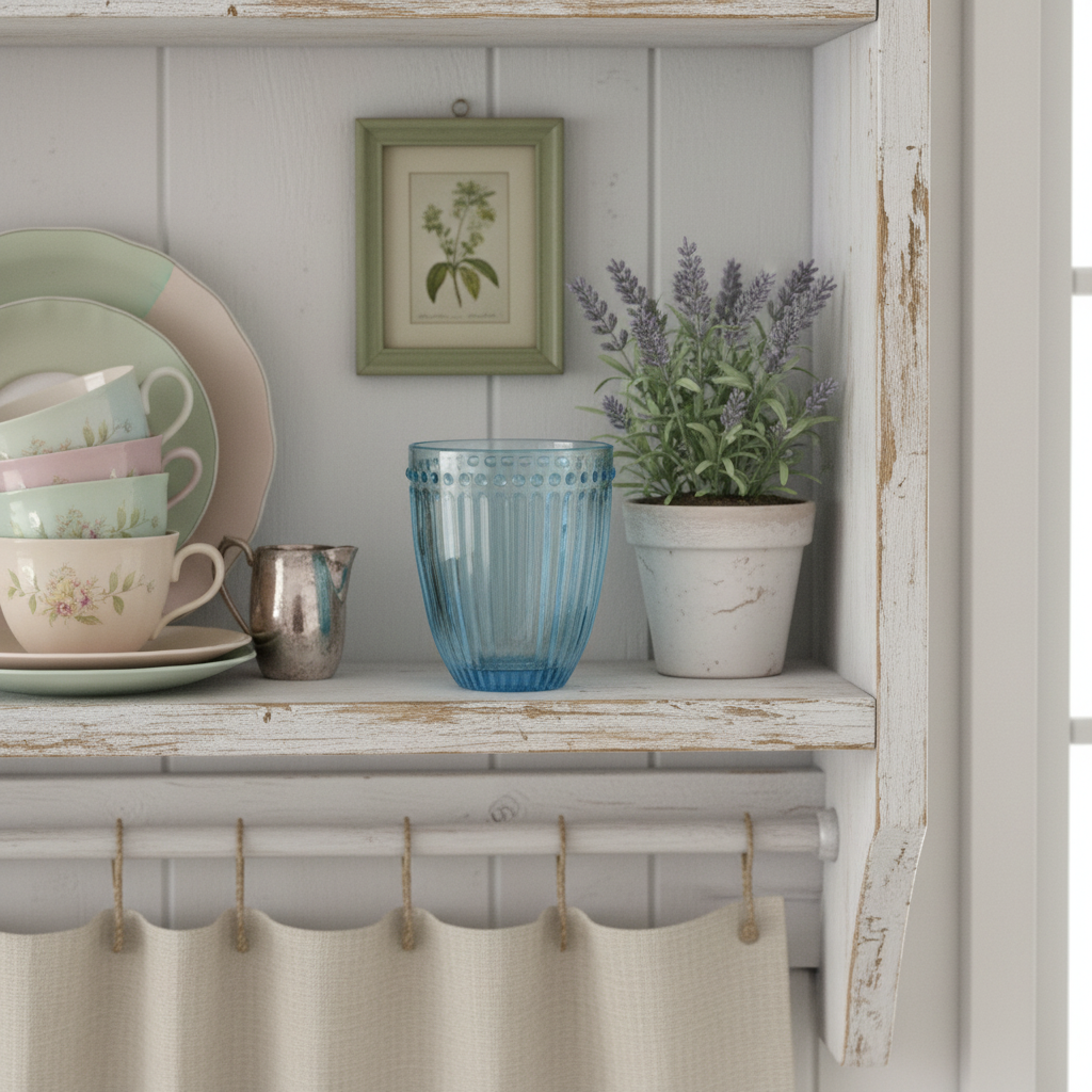 GreenGate Wasserglas Alice Hellblau im Landhausregal mit Geschirr und Lavendel im skandinavischen Stil