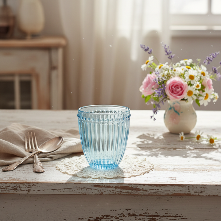 GreenGate Wasserglas Alice Hellblau auf hellem Holztisch mit Blumenarrangement im Landhausstil